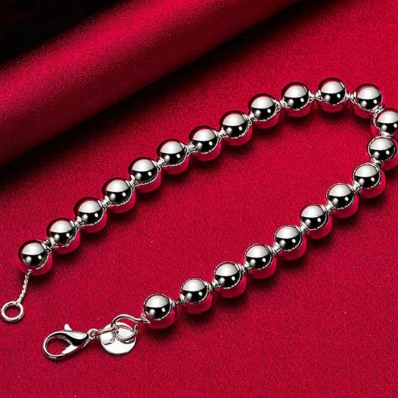 .925 stamped Silver plated 6mm beaded ball bracelet - Picture 2 of 9